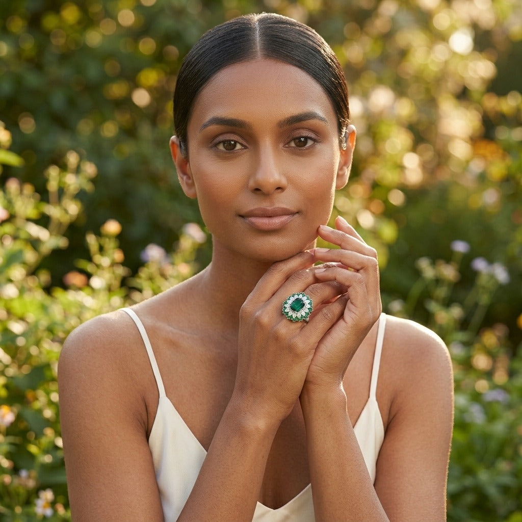 Model wearing the Étoile Cocktail Ring, silver-tone brass, simulated emeralds, simulated diamonds