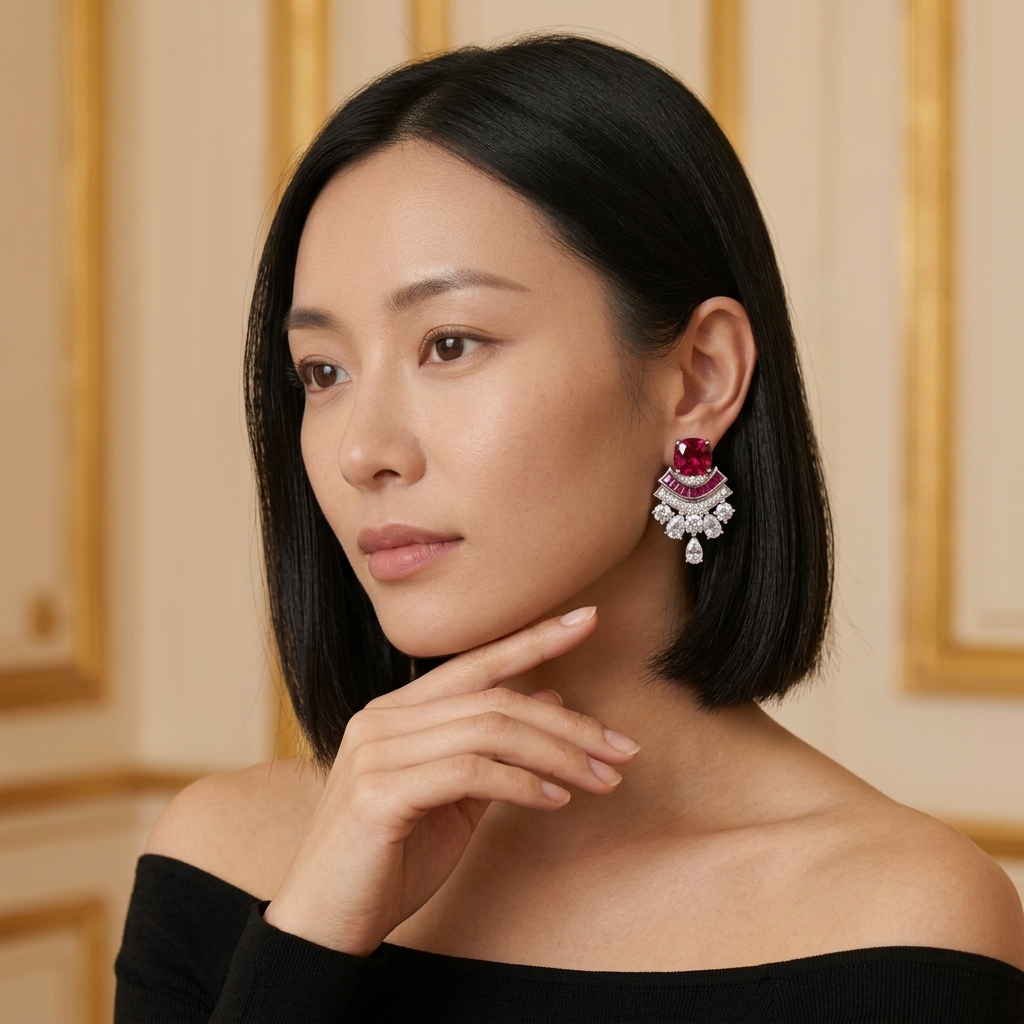 Model wearing the Éventail Drop Earrings, silver-tone brass, simulated rubies, simulated diamonds