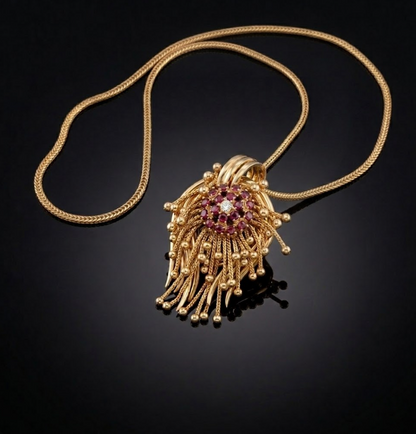 Feu d'Artifice Pendant, gold-tone brass, simulated rubies, simulated diamonds