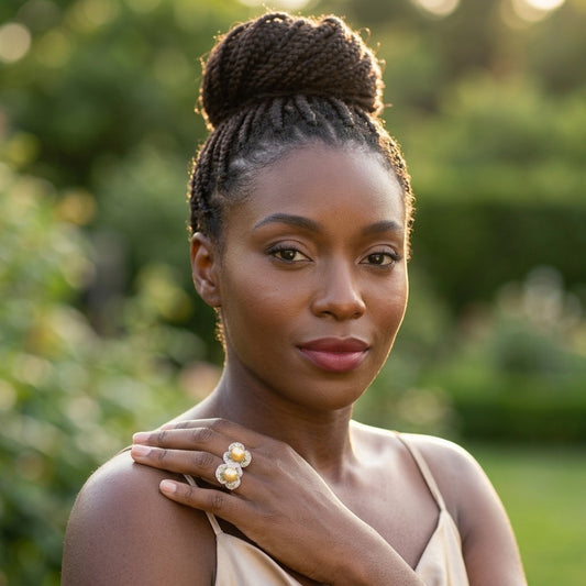 Model wearing the Feuillage Ring, silver-tone brass, simulated golden pearls, multicolored simulated stones