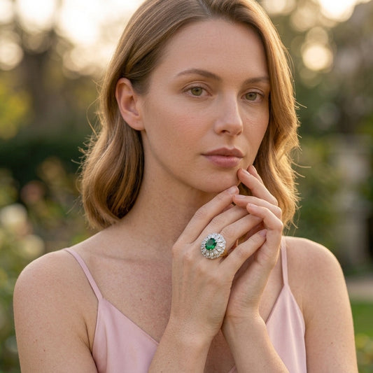 Model wearing the Impératrice Ring, gold-tone brass, simulated emerald, simulated diamonds