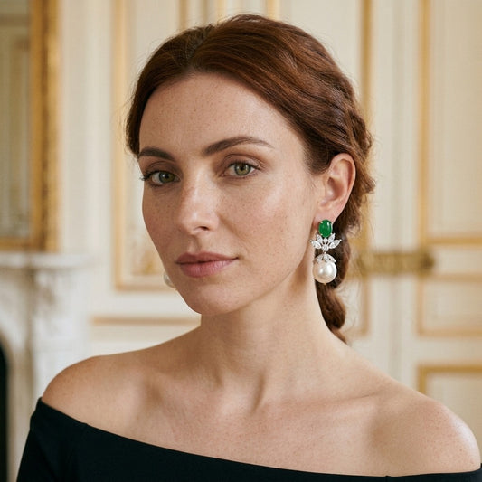 Model wearing the Laurier Drop Earrings, silver-tone brass, simulated jade, simulated pearls, simulated diamonds