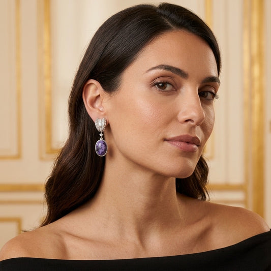 Model wearing the Lilas Drop Earrings, silver-tone brass, lilac marbled cabochons, simulated diamonds