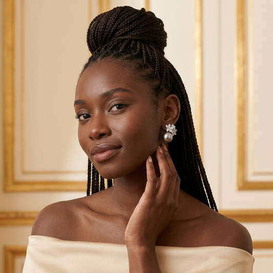 Model wearing the Marguerite Jacket Earrings, silver-tone brass, simulated grey pearls, simulated diamonds
