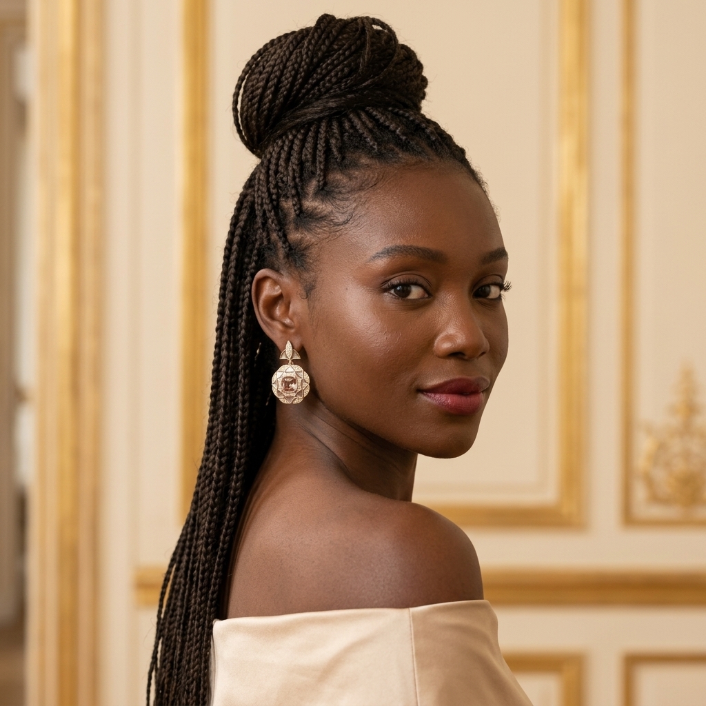 Model wearing the Mosaïque Drop Earrings, gold-tone brass, pearlescent inlay, simulated morganites, simulated diamonds