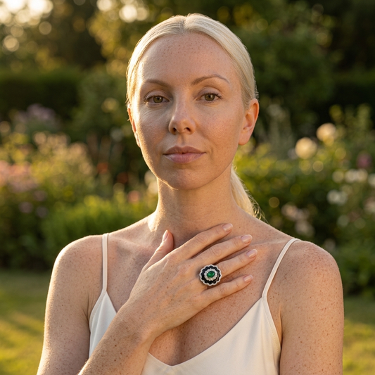 Model wearing the Nocturne Ring, silver-tone brass, black enamel, simulated emerald, simulated diamonds