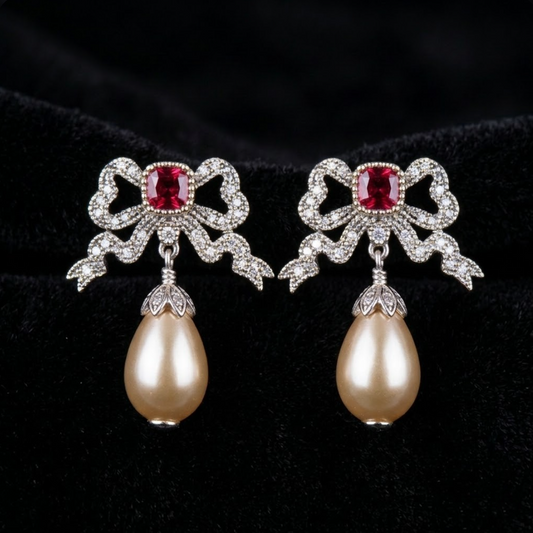 Nœud Rouge Drop Earrings, silver-tone brass, simulated rubies, simulated pearls, simulated diamonds