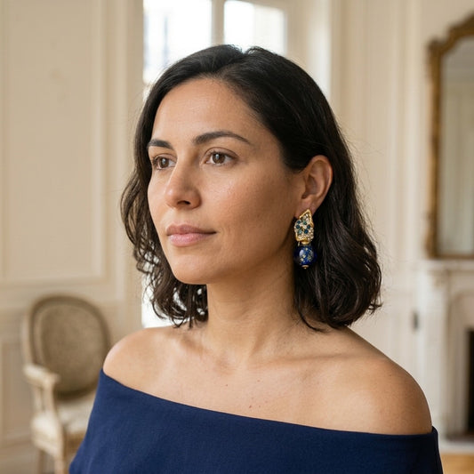 Model wearing the Océane Drop Earrings, gold-tone brass, multicolored simulated stones