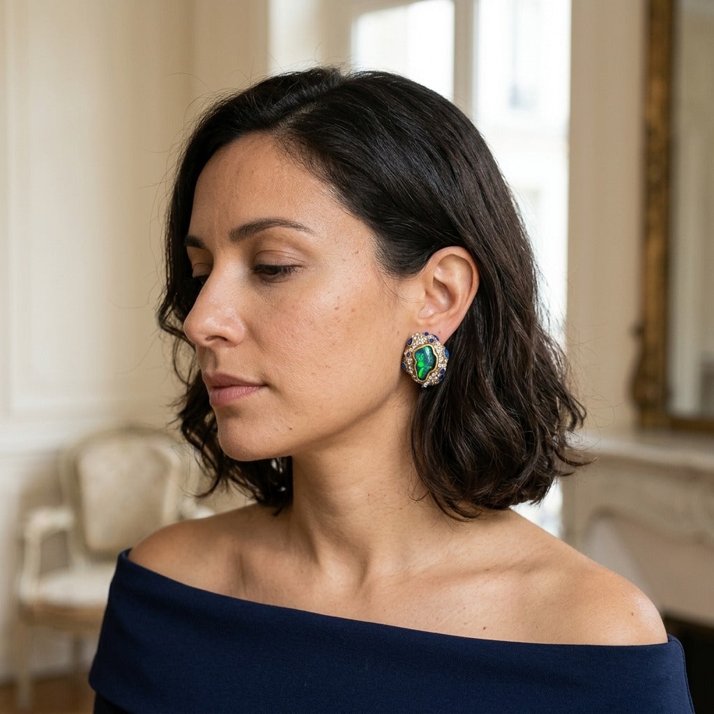 Model wearing the Océane Stud Earrings, gold-tone brass, simulated opals, simulated sapphires, simulated diamonds