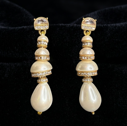 Pagode Drop Earrings, gold-tone brass, simulated pearls, simulated diamonds