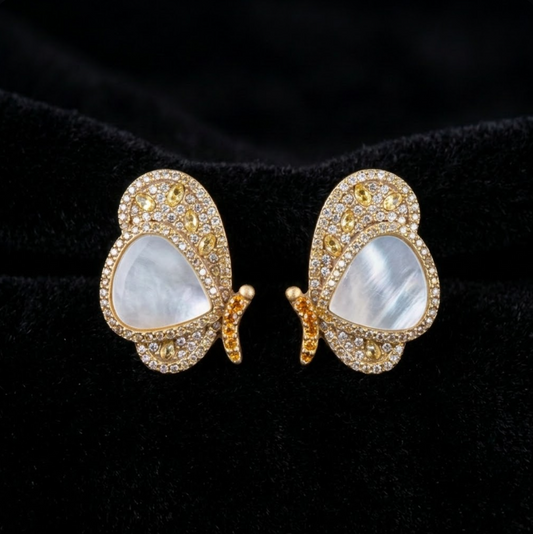 Papillon Stud Earrings, gold-tone brass, pearlescent inlay, simulated diamonds