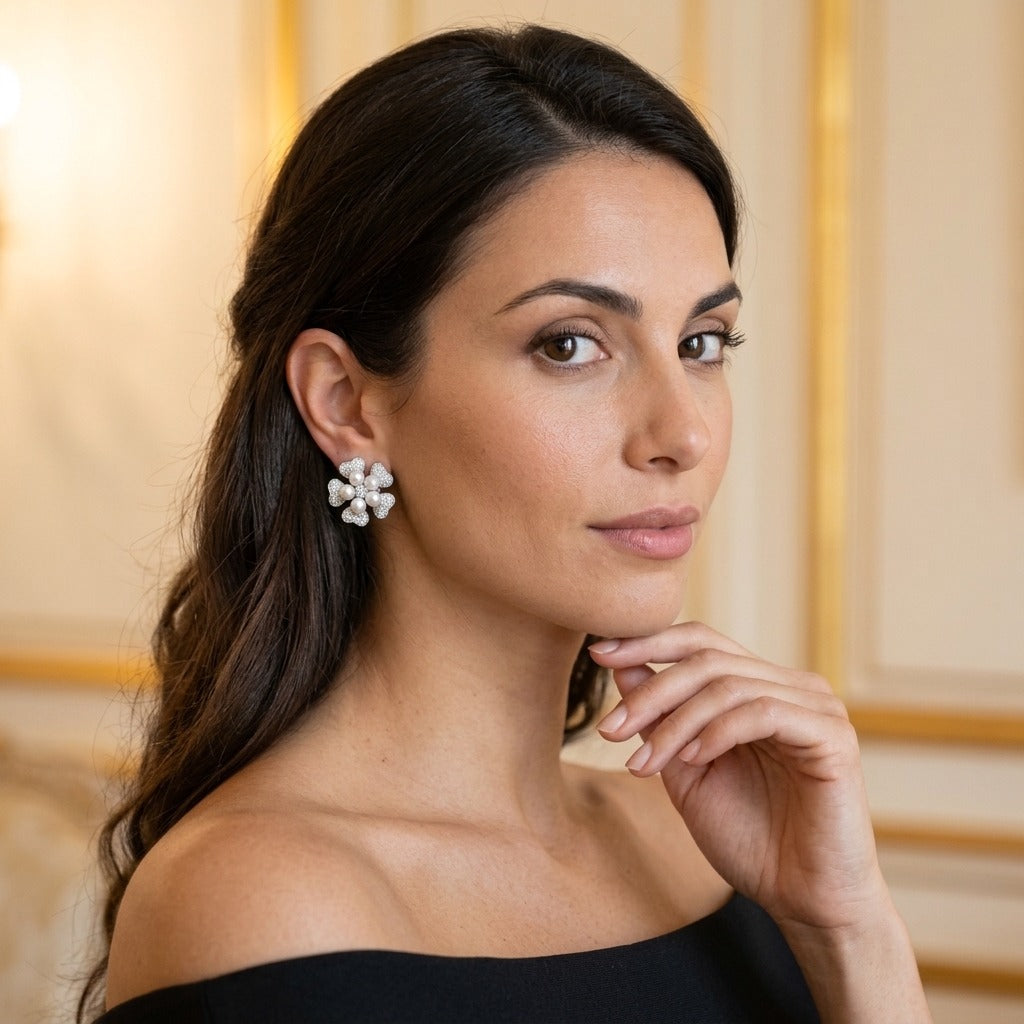 Model wearing the Pensée Stud Earrings, silver-tone brass, simulated pearls, simulated diamonds