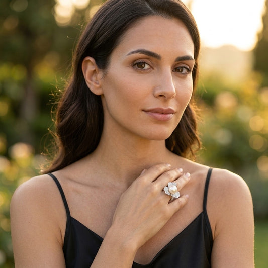 Model wearing the Pétale Ring, silver-tone brass, simulated pearls, simulated diamonds