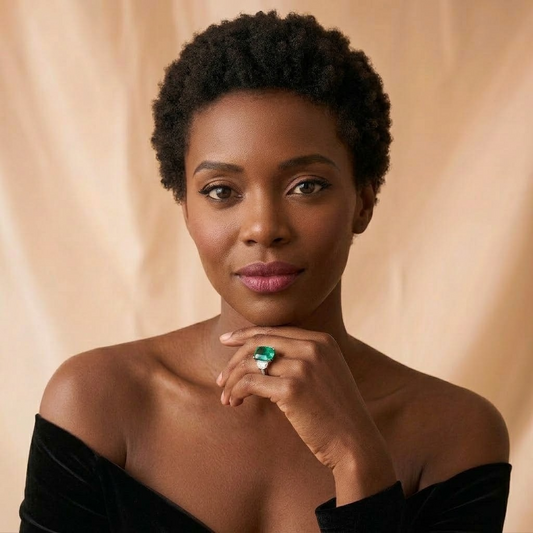 Model wearing the Riviera Ring, a cushion-cut lab-grown emerald with trapeze-cut lab-grown diamonds in platinum