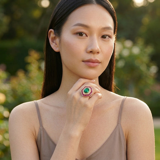 Model wearing the Rosace Ring, rose gold-tone brass, simulated emerald, simulated rubies, simulated diamonds