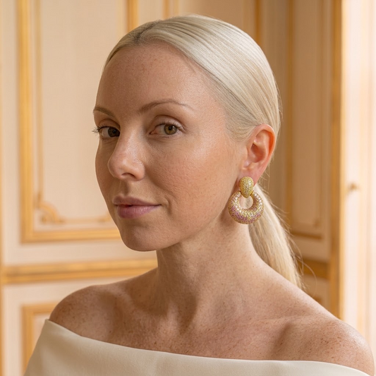 Model wearing the Sorbet Doorknocker Earrings, gold-tone brass, multicolored simulated stones