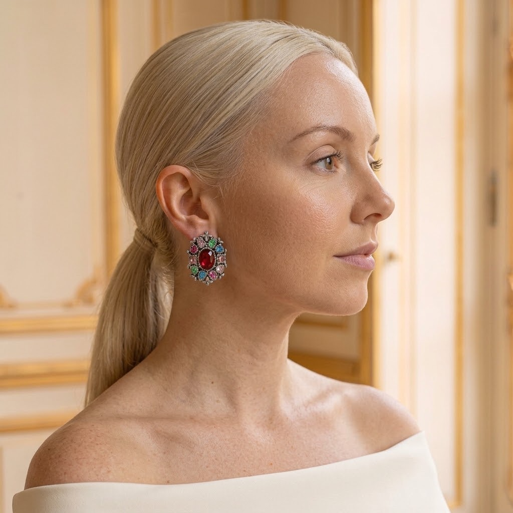 Model wearing the Tapisserie Earrings, antique silver-tone brass, multicolored simulated stones