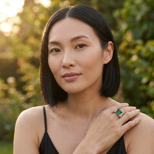 Model wearing the Verdure Ring, two-tone brass, simulated emerald, simulated diamonds